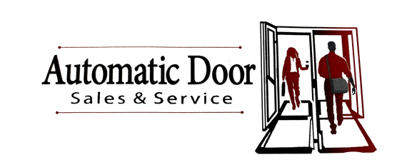 Automatic Door Sales & Service logo with open glass doors and red silhouette figures