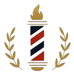 Palo da barbiere con strisce rosse e nere, fiamma dorata e rami d'ulivo.