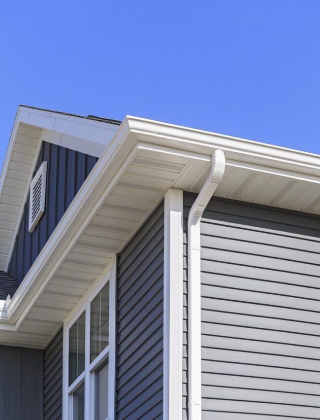 A gray house with white siding and a white gutter