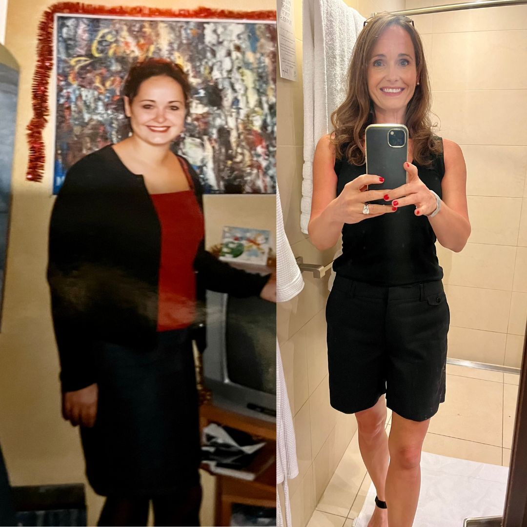 A before and after photo of a woman taking a selfie