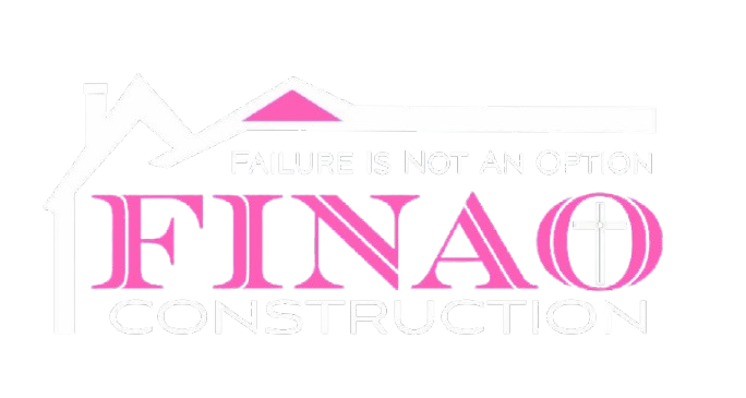 Pink and white logo for FINAO Construction. Text includes "Failure Is Not An Option".