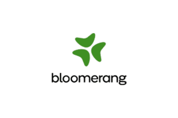 The Bloomerang logo featuring a green, three-part boomerang-shaped symbol above the company name in black text.