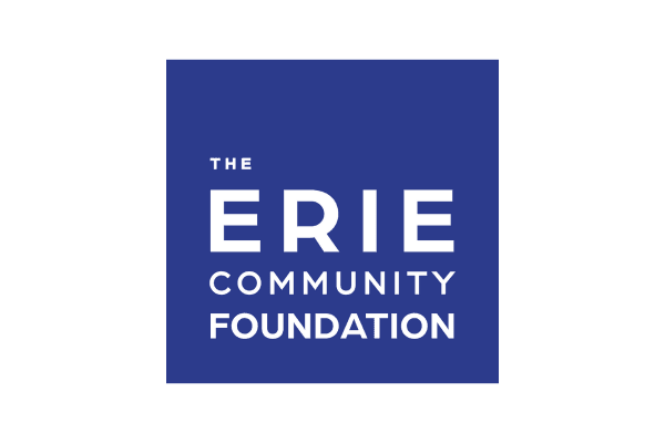 The blue logo for The Erie Community Foundation with white text reading 