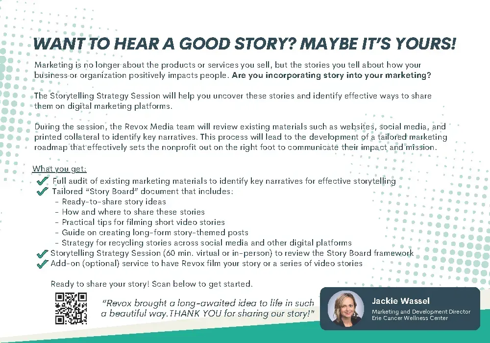 Marketing services flyer for a Storytelling Strategy Session, featuring a testimonial, QR code, and list of deliverables.