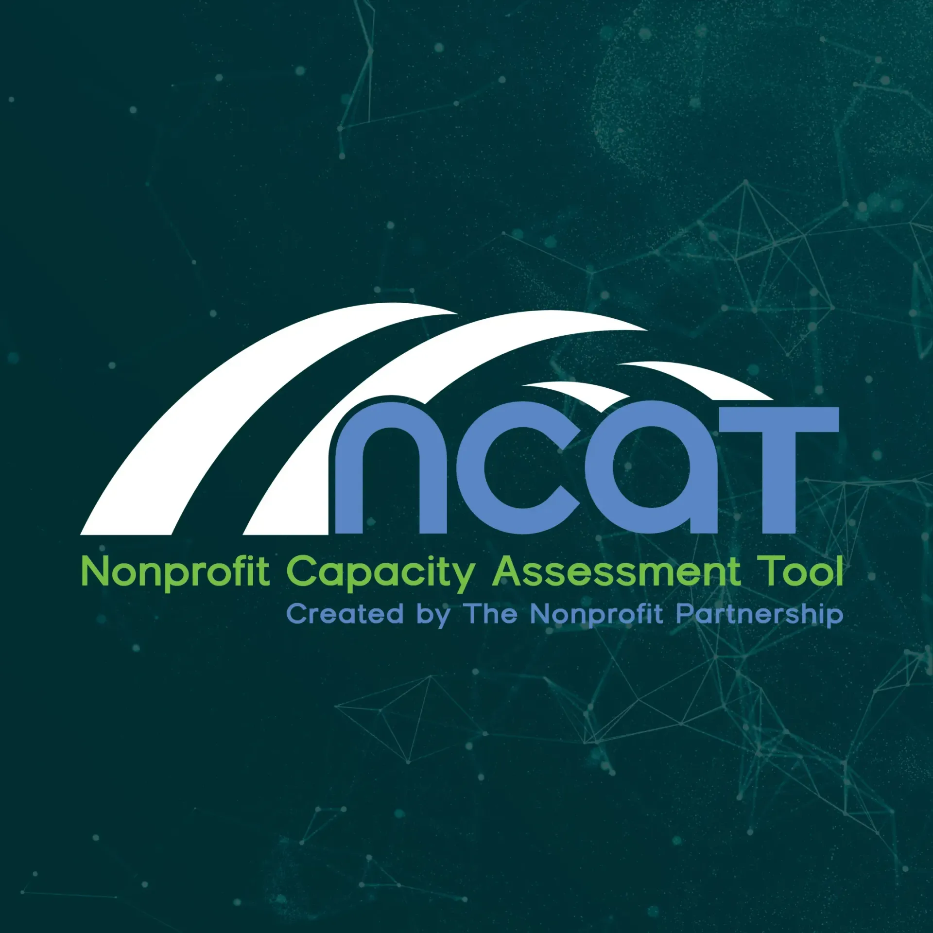 Logo for the Nonprofit Capacity Assessment Tool (NCAT), featuring blue text on a dark teal background with abstract lines.