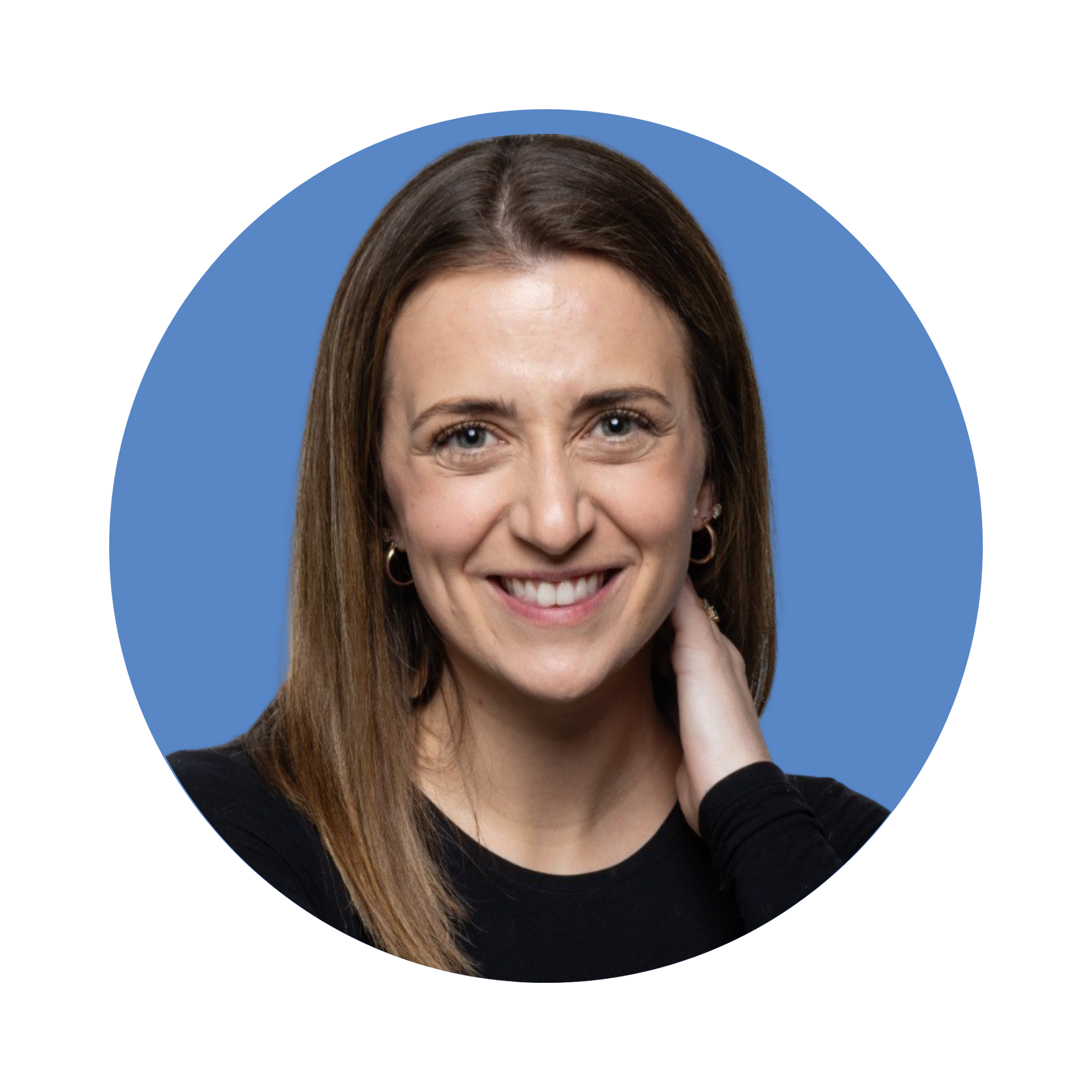 A smiling woman with shoulder-length brown hair wearing a black shirt against a solid blue circular background.