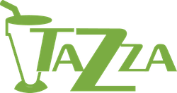 A green logo for tazza with a straw in a glass.