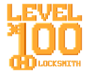Orange pixel-art text reading “LEVEL 100 LOCKSMITH” with a small key and lock icon