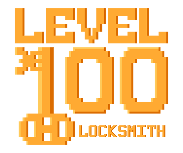 Orange pixel-art text reading &ldquo;LEVEL 100 LOCKSMITH&rdquo; with a small key and lock icon