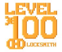 Orange pixel-art text reading “LEVEL 100 LOCKSMITH” with a small key and lock icon