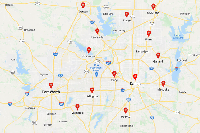 Map of the Dallas-Fort Worth area with multiple red location pins marked across nearby cities