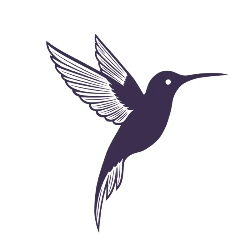 Purple hummingbird logo with wings spread and long beak on a white background