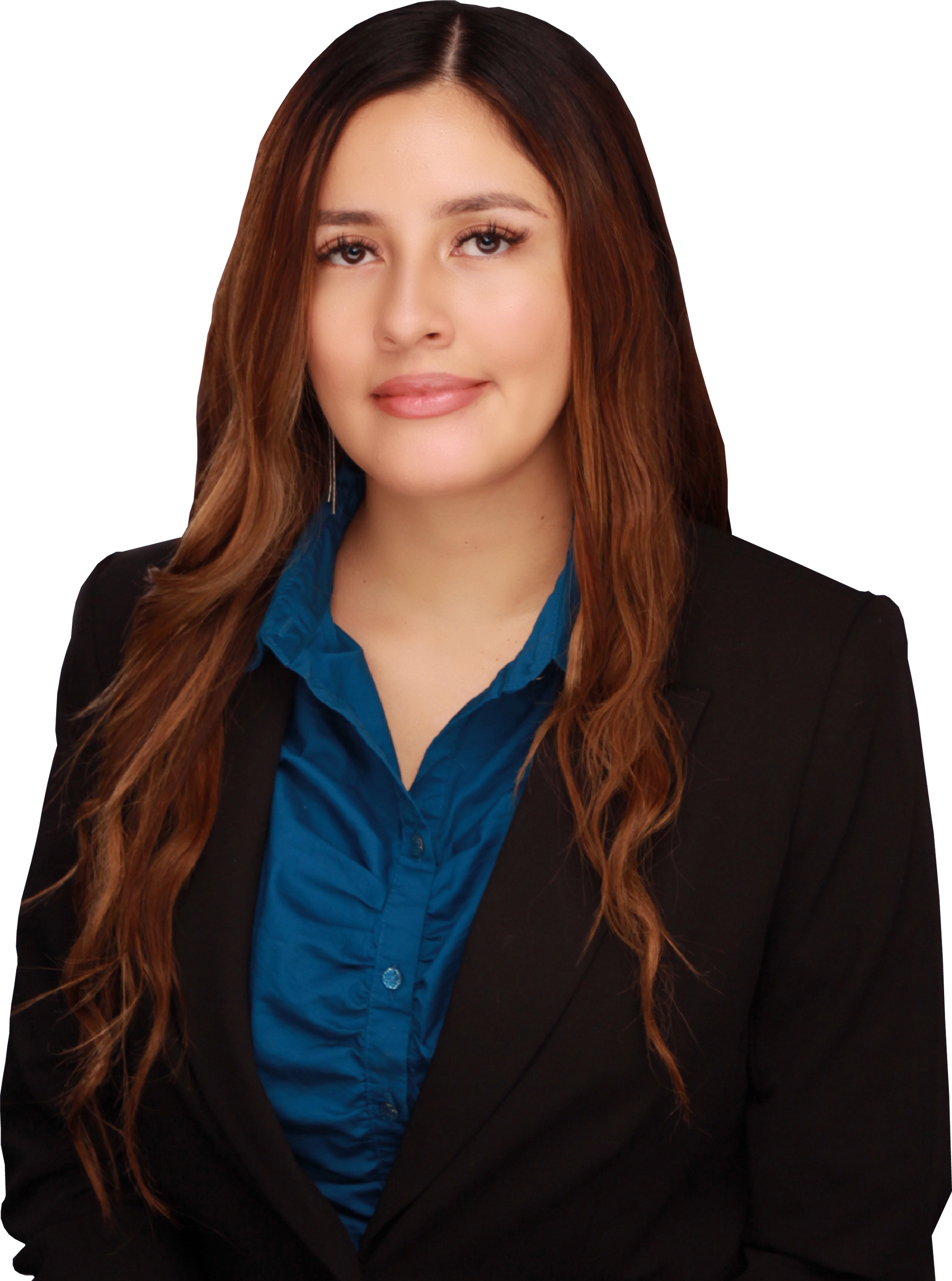 Woman in a black blazer and teal shirt, smiling, studio portrait.