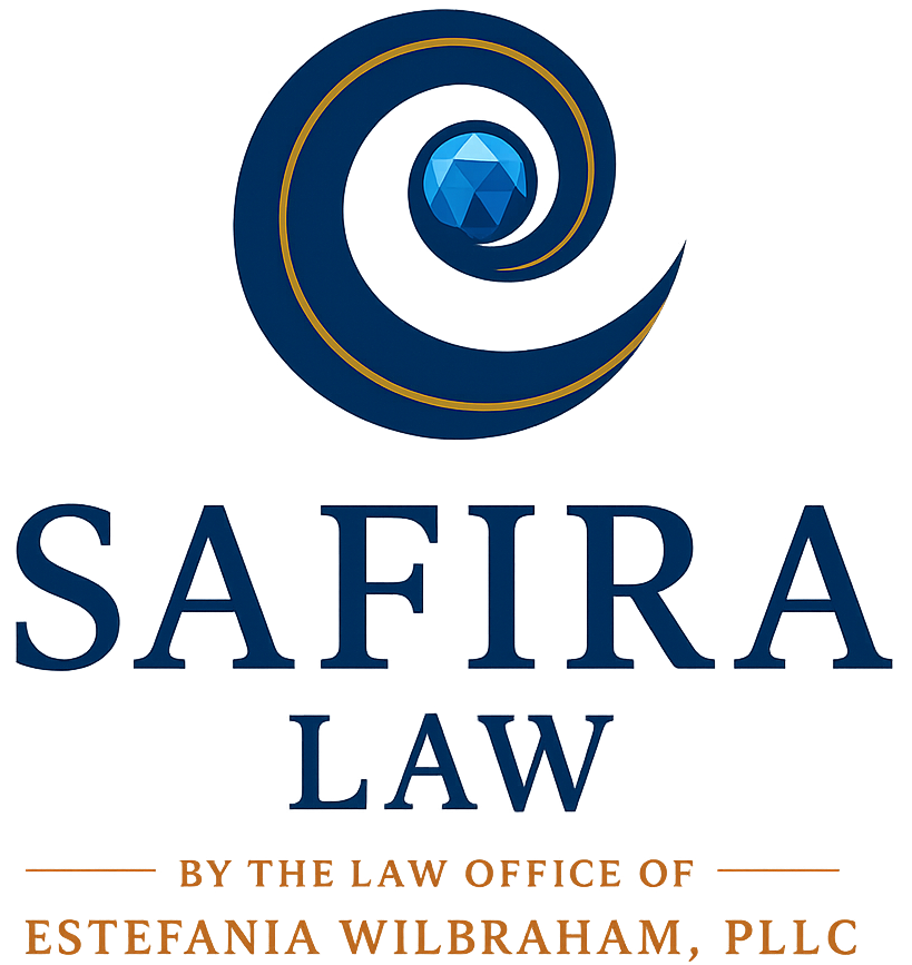 Logo for Safira Law: Dark blue spiral with a faceted blue gem, over the text