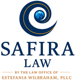 Safira Law logo: blue spiral design with jewel; dark blue text.
