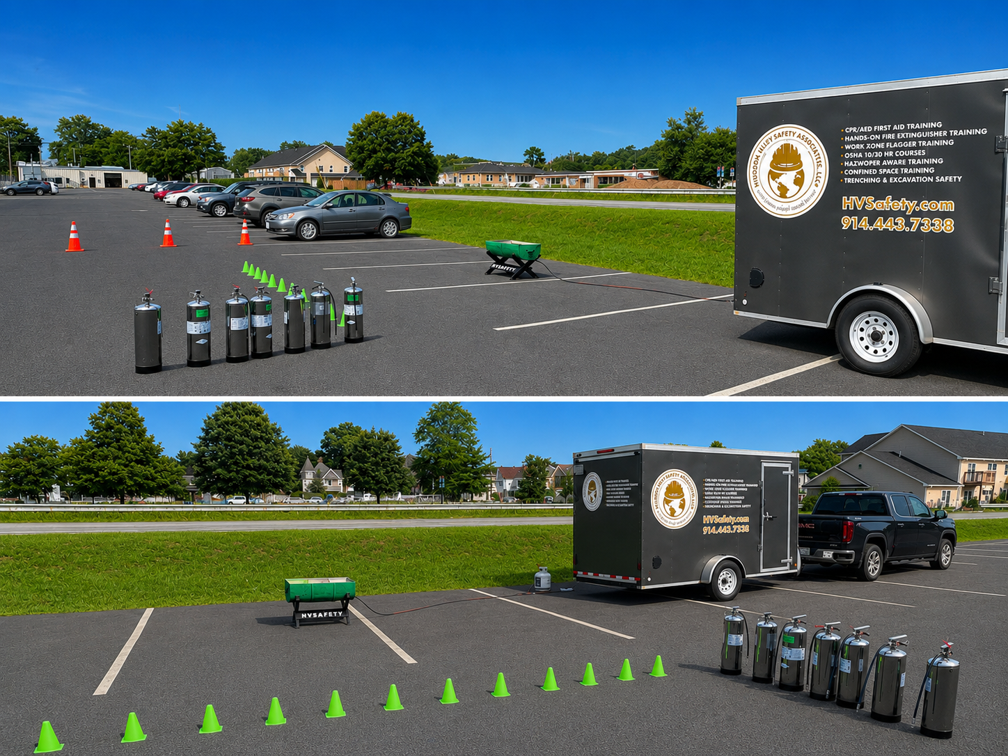 People standing near a trailer and cones on a paved path in a green park.