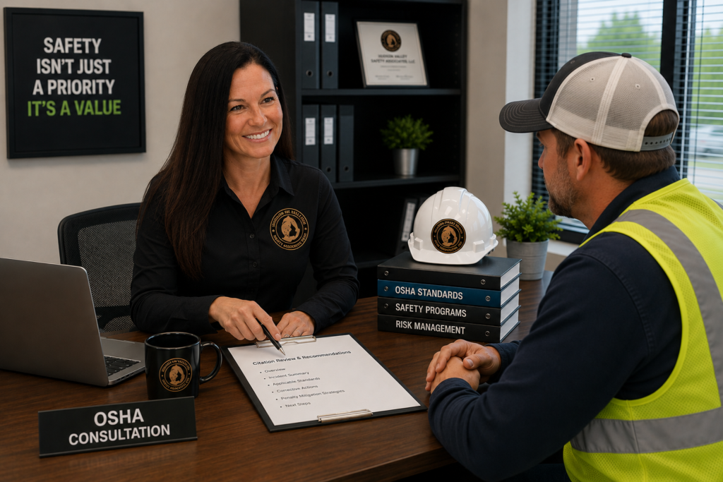 OSHA consultation office scene with a woman and worker discussing safety paperwork at a desk