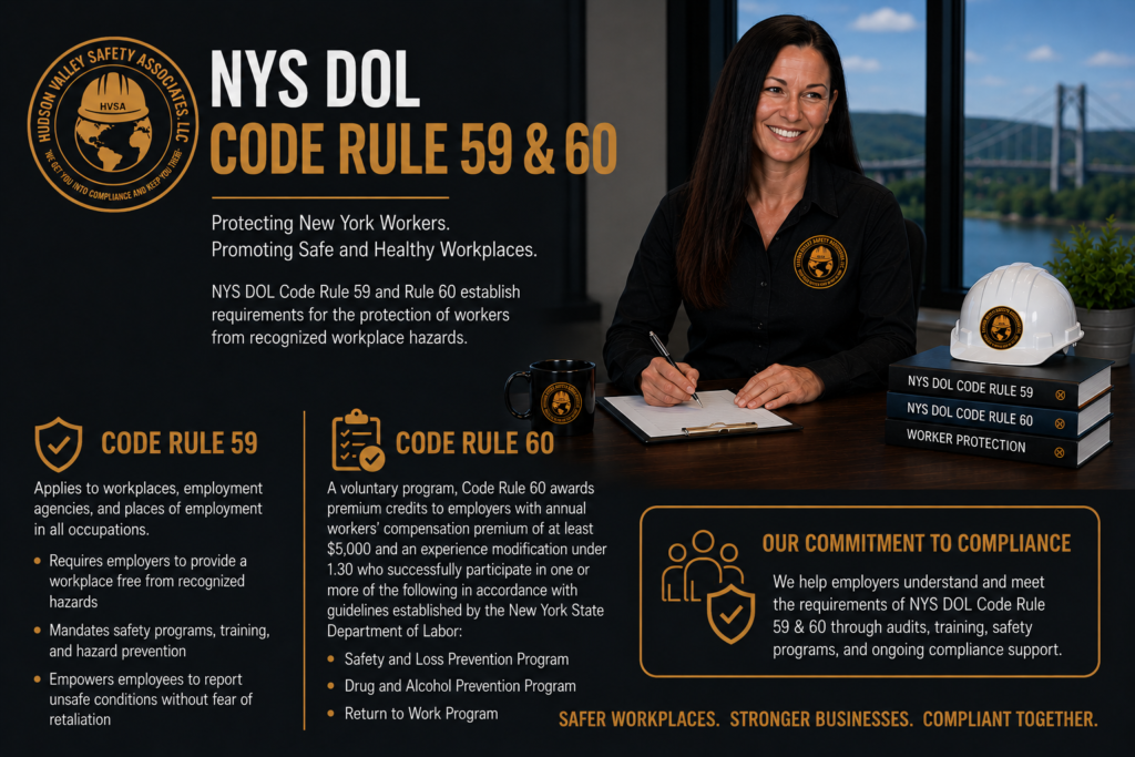 NYS DOL poster on Codes Rule 59 and 60, with woman at desk and highway bridge backdrop