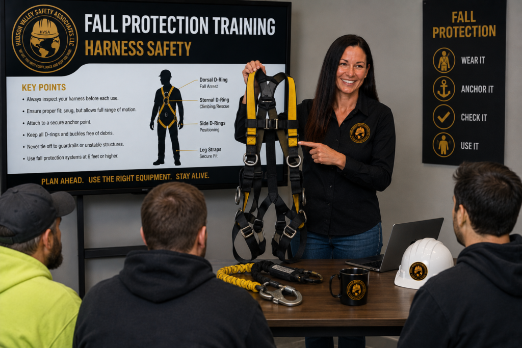 Fall protection training classroom with instructor, safety harness, posters, and seated attendees