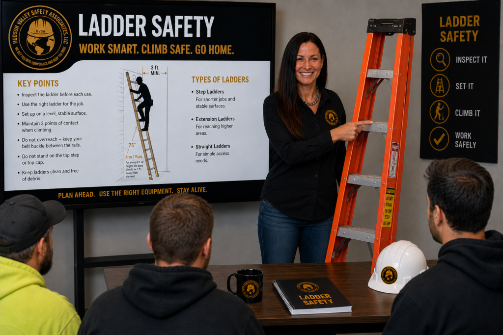 Woman presents a ladder safety poster beside an orange ladder to seated attendees in a classroom setting