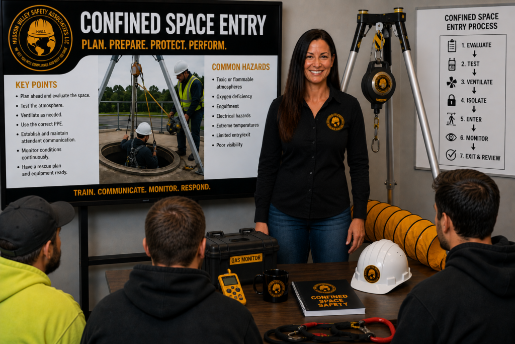 Woman presents confined-space entry safety poster to seated workers in training room