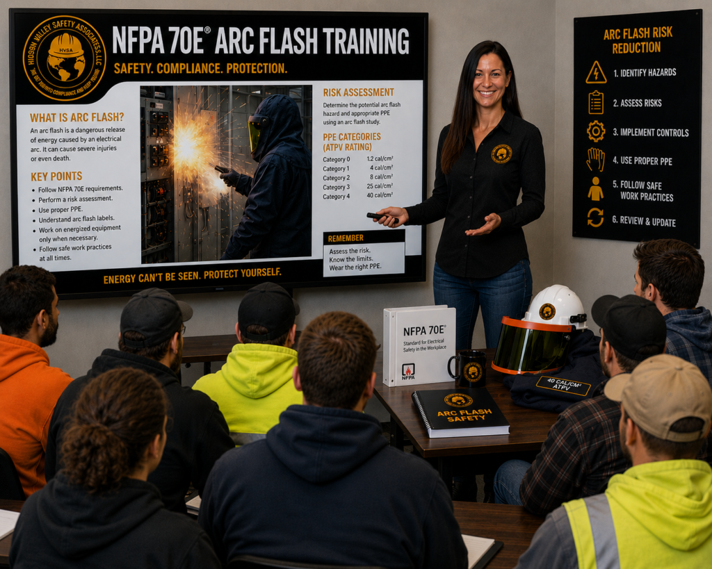 Woman presents confined-space entry safety poster to seated workers in training room