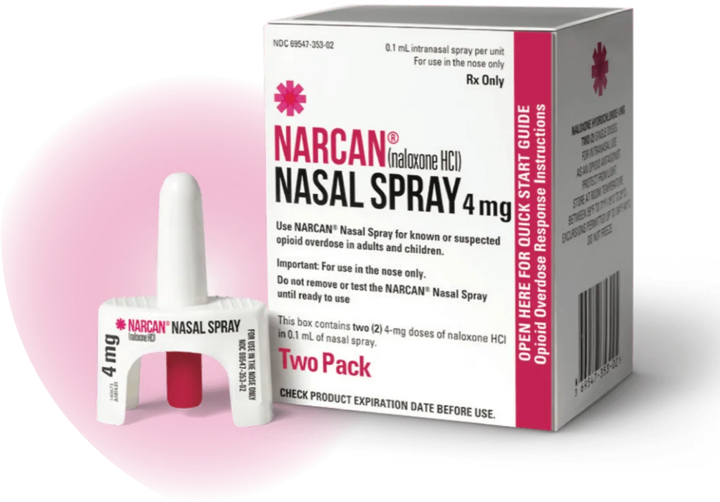 Narcan nasal spray 4 mg box with two white nasal spray applicators on a pink background
