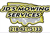 JD’s Mowing Services logo with yellow-and-black text and phone number 218-421-5133
