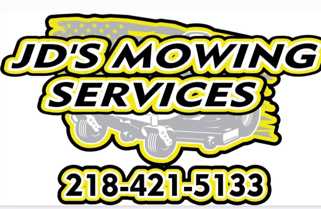JD’s Mowing Services logo with yellow-and-black text and phone number 218-421-5133
