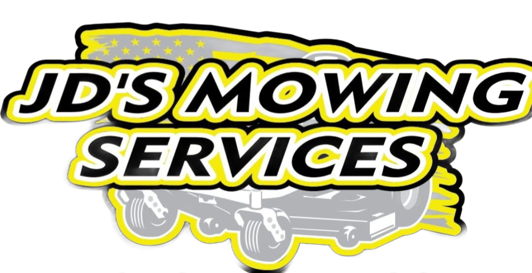 JD’s Mowing Services logo with bold black text on a yellow brush-stroke background and gray mower graphic