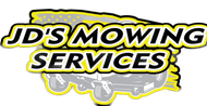 JD’s Mowing Services logo with bold black text on a yellow brush-stroke background and gray mower graphic