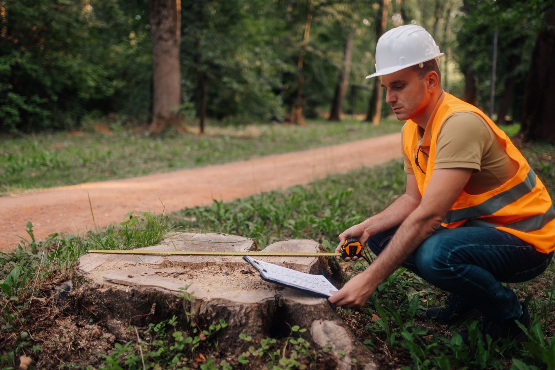 Worker in orange vest and hard hat measuring a tree stump beside a dirt road in a wooded area