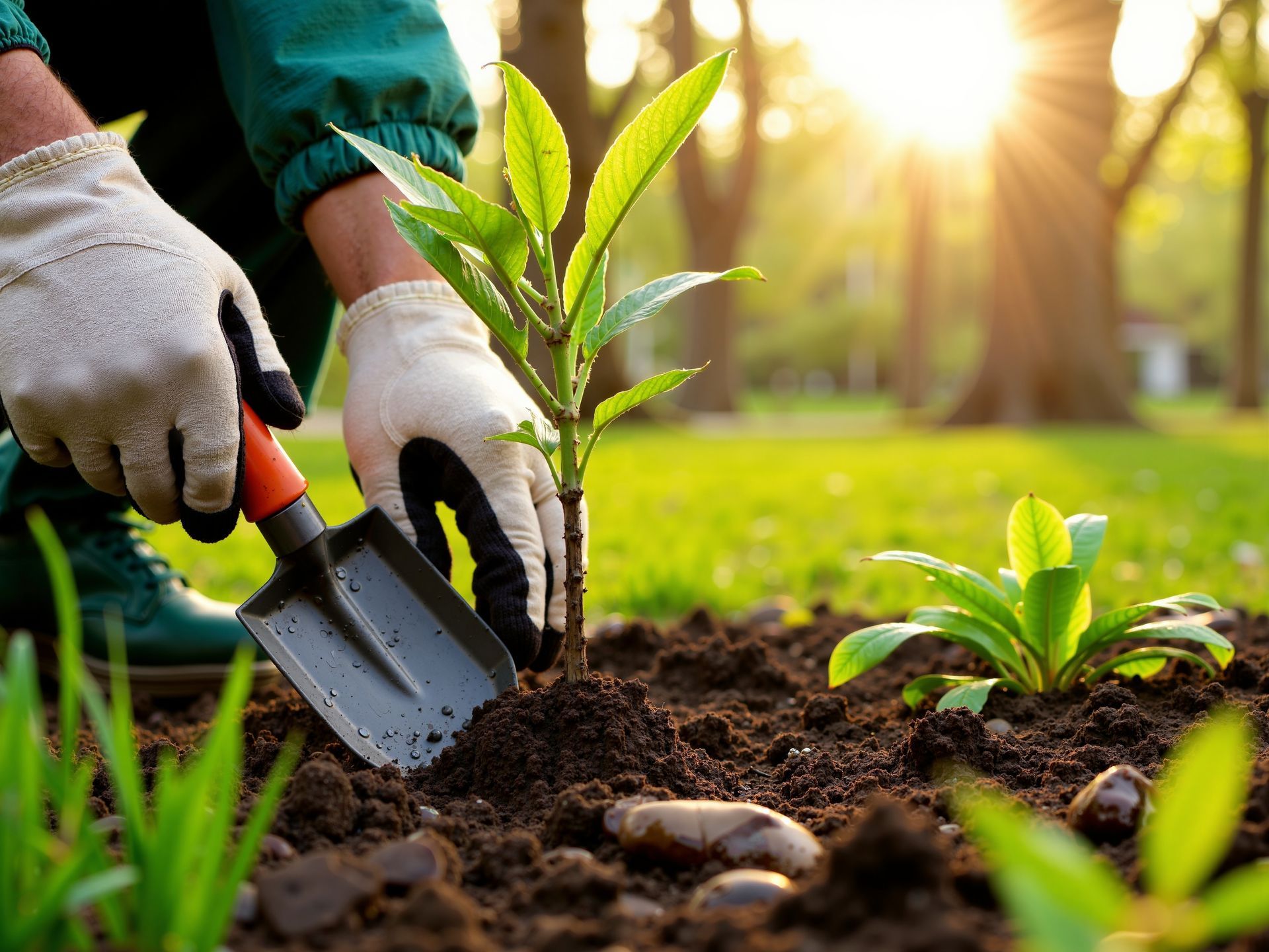 Gloved hands planting a young seedling in soil with a trowel in a sunny garden