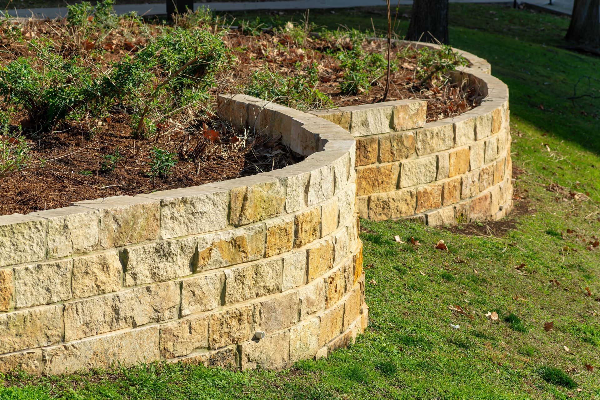 Curved stone retaining walls around a raised garden bed with shrubs and mulch