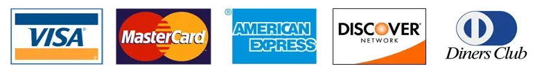 Visa, MasterCard, American Express, Discover, and Diners Club logos on a white background