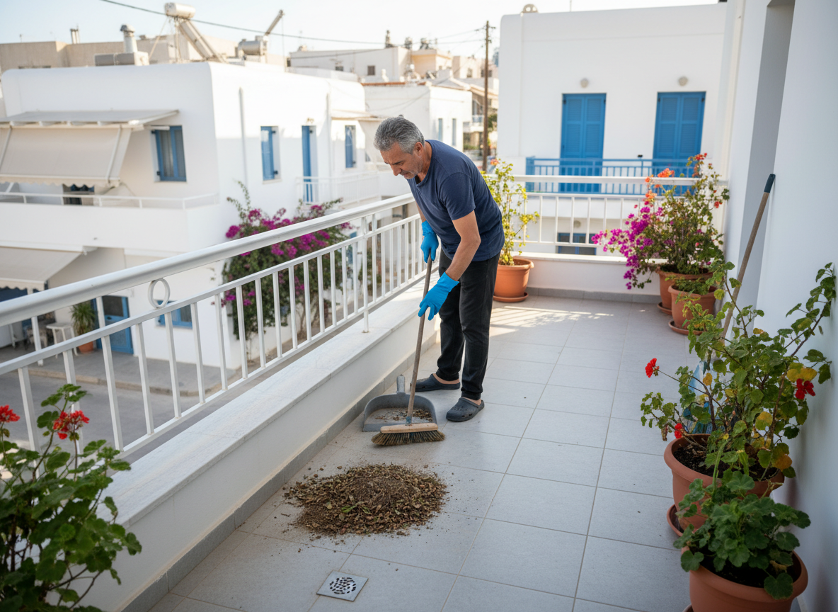 Συστηματικό καθάρισμα βεράντας για αποφυγή φραγής υδρορροής