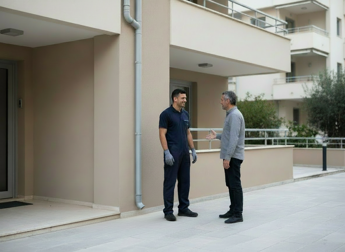Τεχνικός αποφράξεων συζητά με πελάτη έξω από κατοικία, δίπλα σε εξωτερικό σωλήνα υδρορροής.