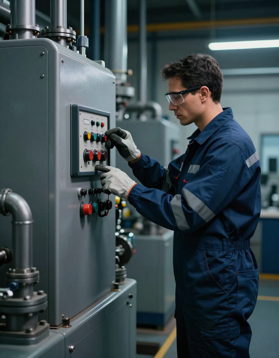 Técnico inspeccionando maquinaria industrial