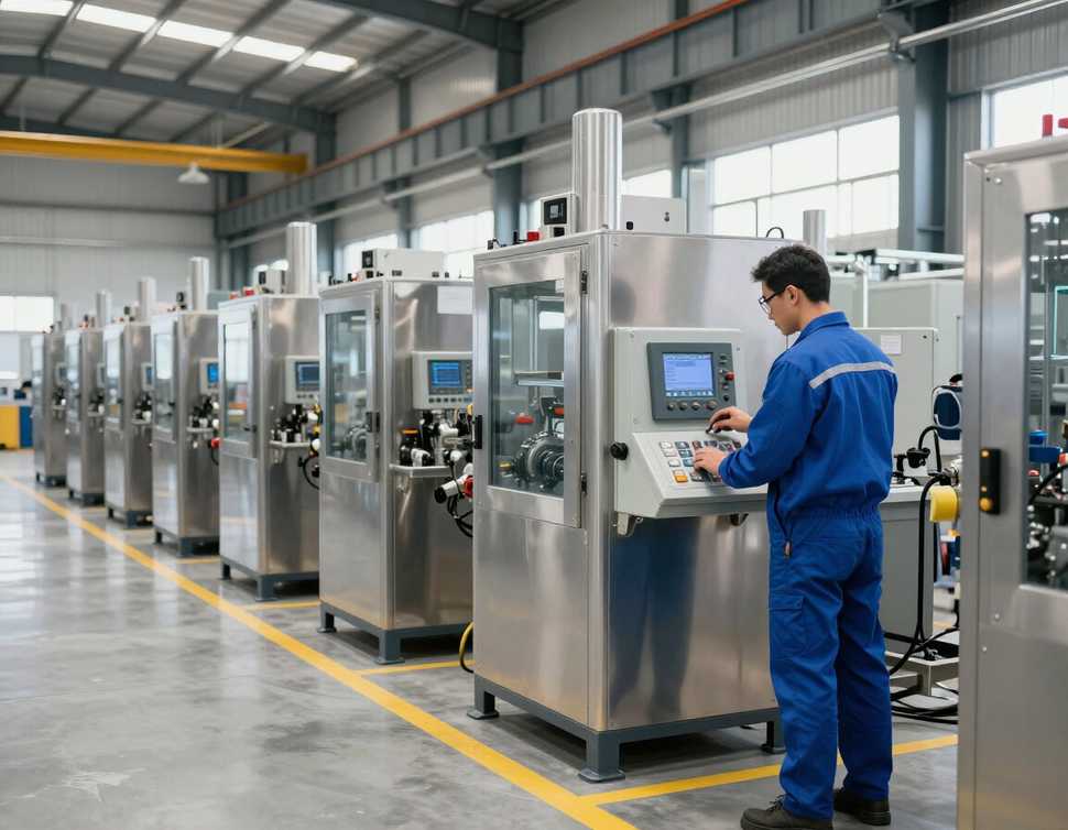 Zona de trabajo industrial con técnico realizando una revisión