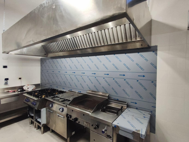 Elettrodomestici da cucina in acciaio inox sotto una grande cappa. 