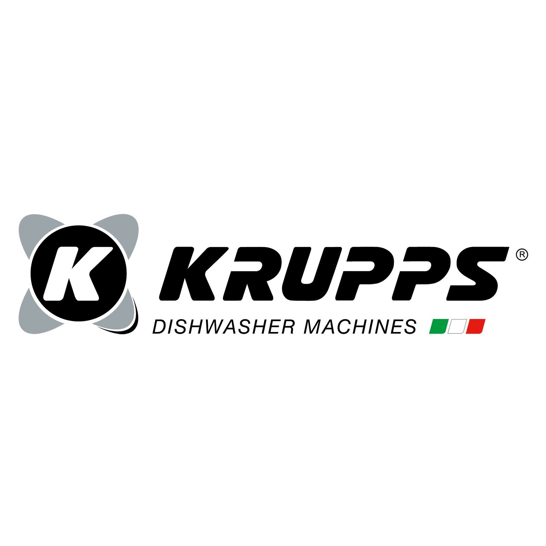 Logo delle lavastoviglie Krupps: testo nero con dettagli della bandiera italiana. Icona 