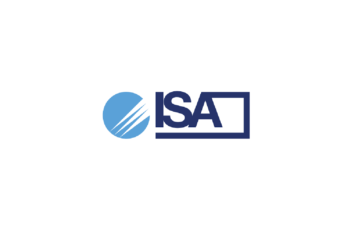 Logo per ISA, raffigurante una sfera blu con linee bianche e testo blu all'interno di un rettangolo.