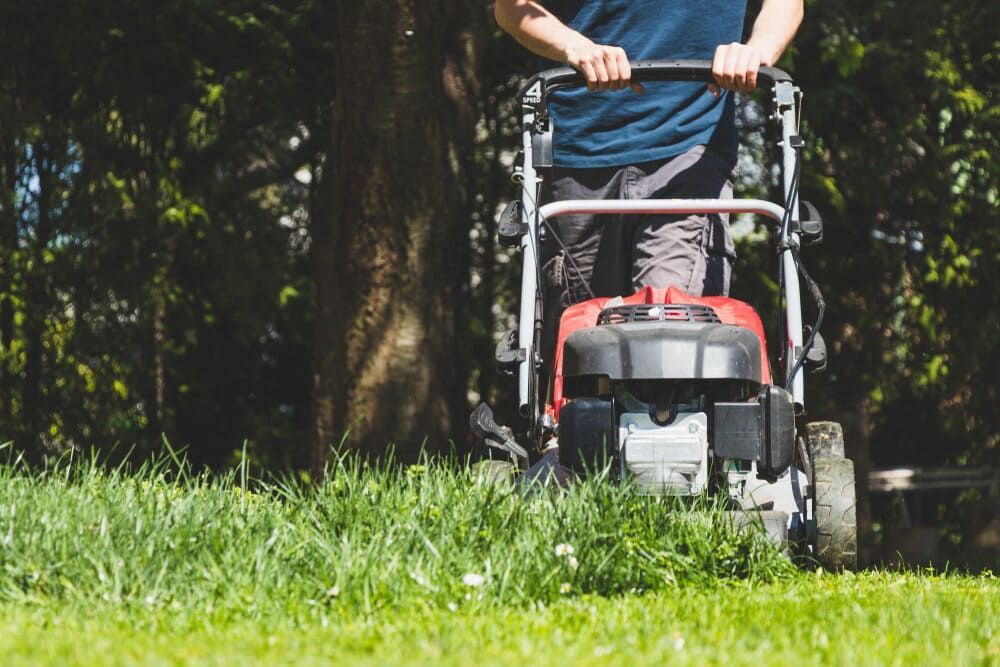 A Man Is Mowing A Lush Green Lawn With A Lawn Mower — Leslie Farm & Garden Machinery In South Grafton, NSW