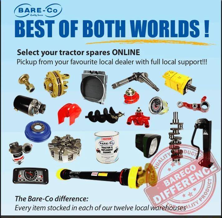 An Advertisement For Bare-co Tractor Spares Online — Leslie Farm & Garden Machinery In South Grafton, NSW