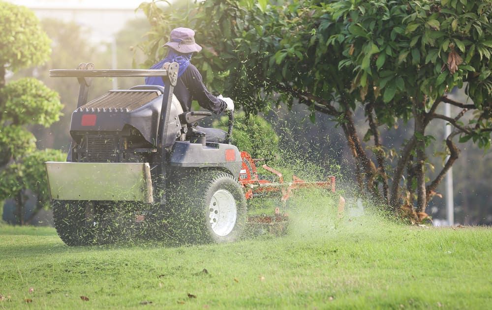 A Man Is Riding A Lawn Mower On A Lush Green Lawn — Leslie Farm & Garden Machinery In South Grafton, NSW