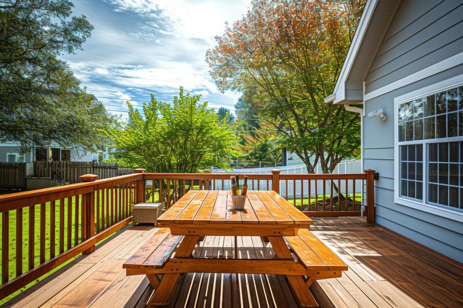 Wooden deck with picnic table, lantern, and autumn trees beside a house