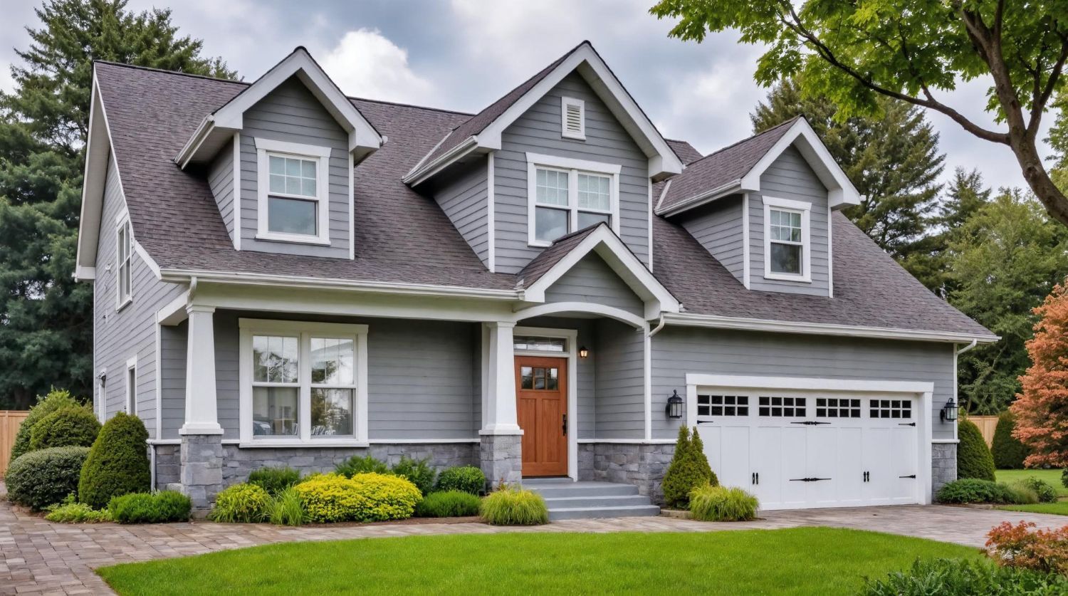 Gray two-story suburban house with dormer windows, white trim, and a manicured lawn.