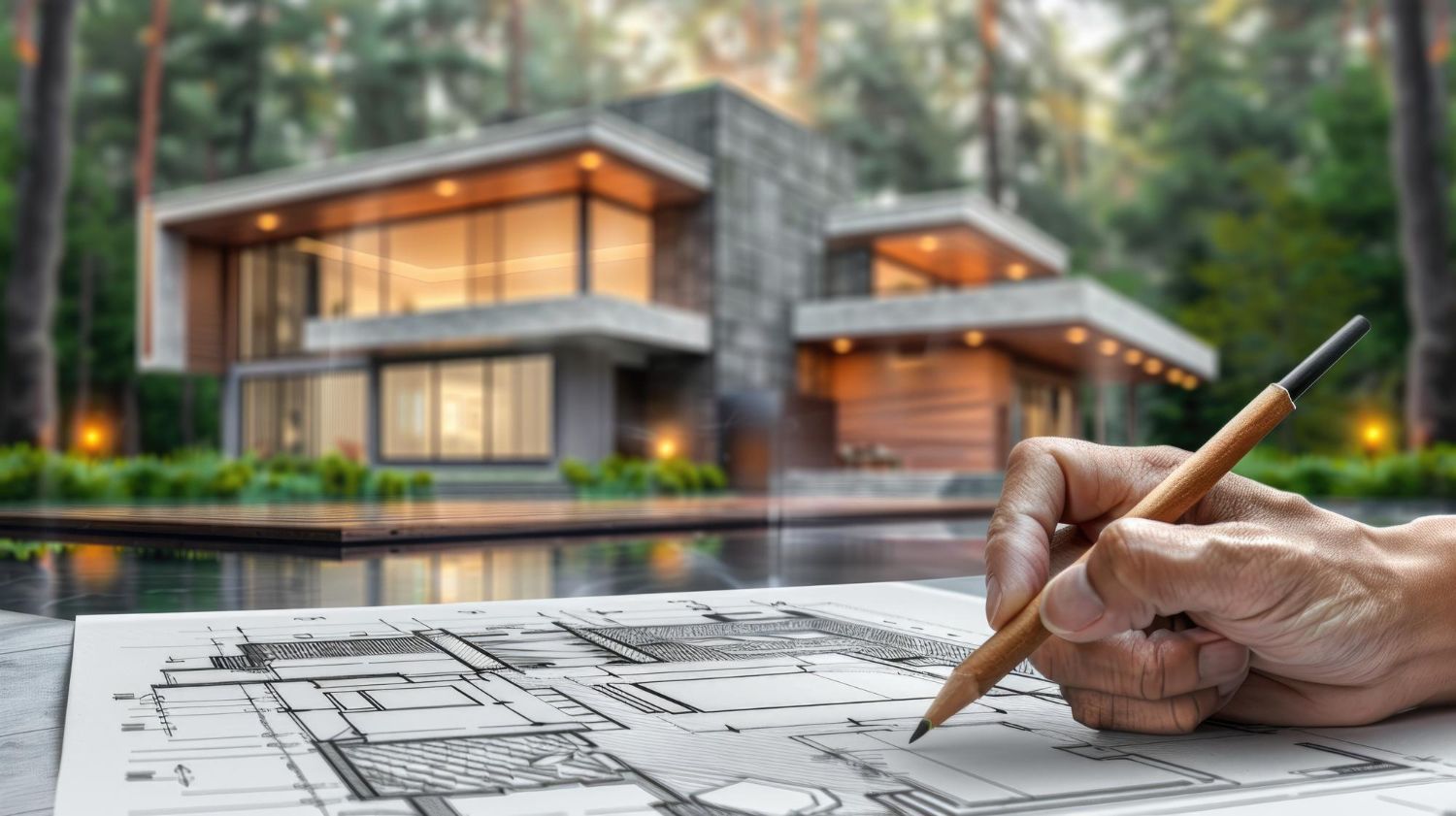 Architect sketching a modern house design with blueprint in foreground and completed home in background