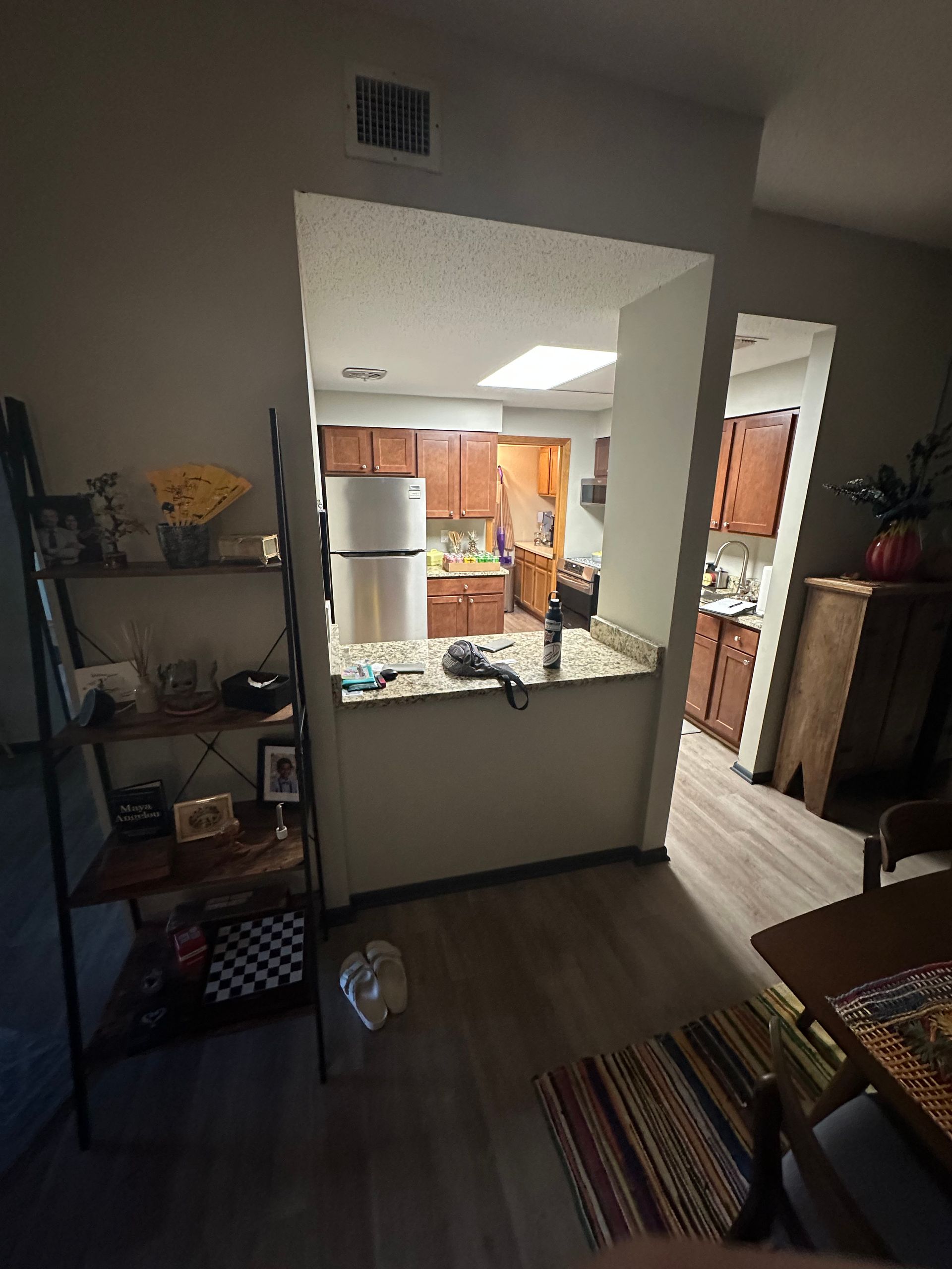 Kitchen view through a pass-through opening: fridge, cabinets, countertop, shelving unit with items.
