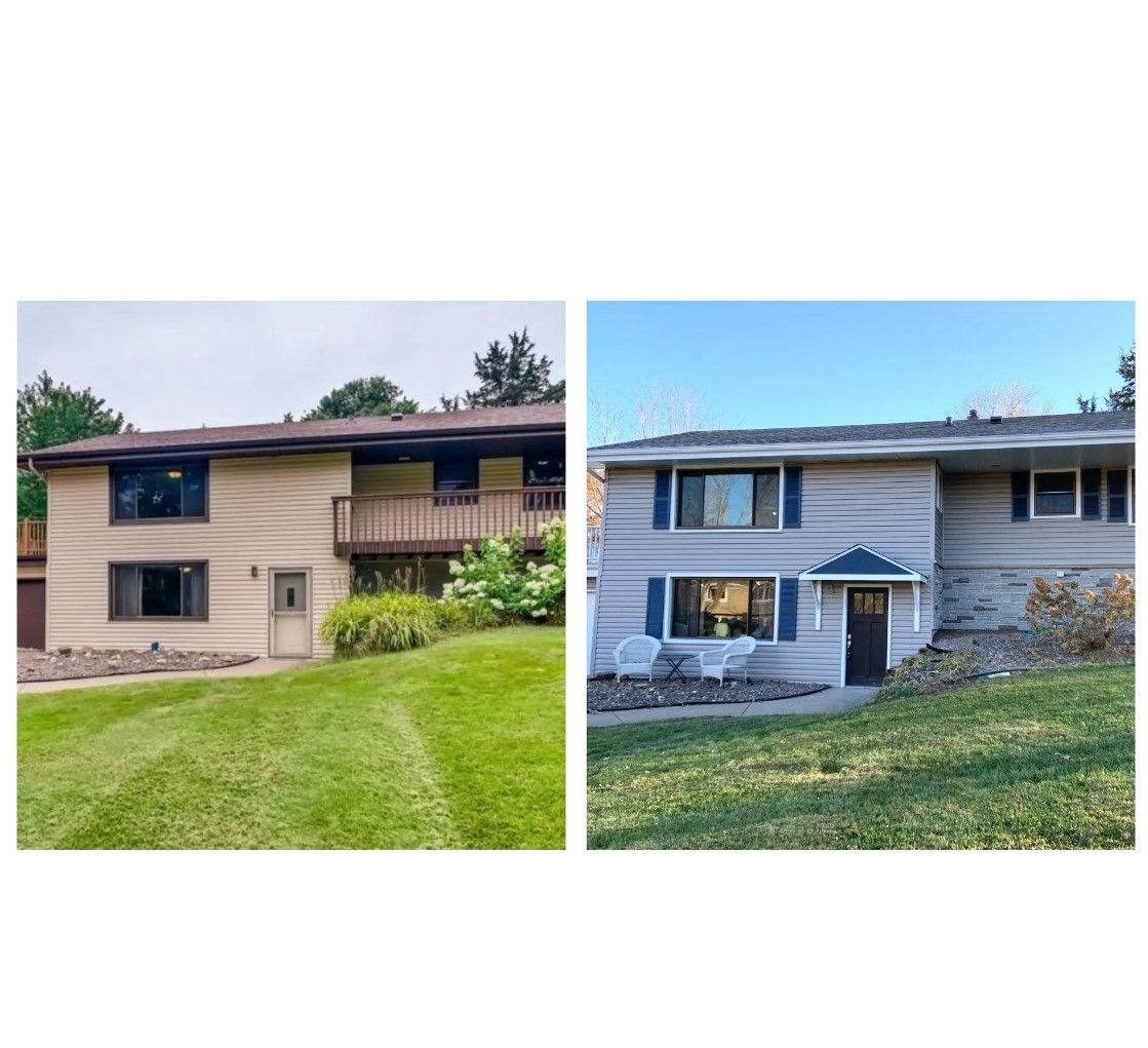 Before-and-after of a two-story house. Left side: beige exterior, brown roof. Right side: gray exterior, new windows, small roof over the door.